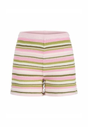 Pantalones cortos de punto con una cinturilla acanalada, que presentan rayas horizontales en tonos de rosa, verde y blanco. Textura suave y forma ajustada.