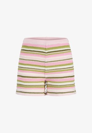 Pantalones cortos de punto con una cinturilla acanalada, que presentan rayas horizontales en tonos de rosa, verde y blanco. Textura suave y forma ajustada.