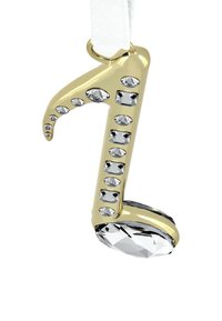 Colgante en forma de nota musical dorada adornado con brillantes claros, con un acabado brillante y un gran cristal redondo en la base.