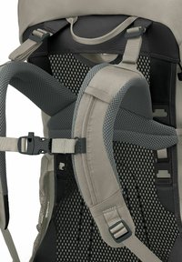 Grijze en zwarte kinderdraagrugzak met comfortabele mesh schouderbanden, verstelbare gespen en ventilatiepanelen voor ademend vermogen.