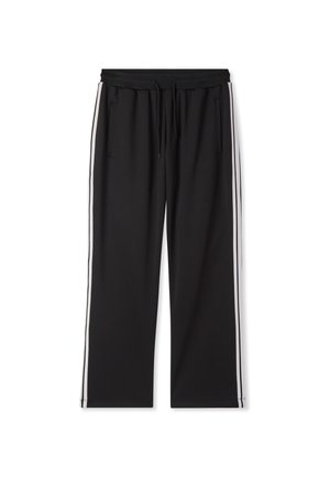 Pantaloni sportivi neri realizzati in tessuto morbido, con vita regolabile tramite cordino, due tasche laterali e strisce bianche lungo le gambe.