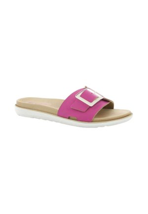 Sandalo slide con suola beige e ampia fascia rosa con grande fibbia argentata, progettato per un uso casual.