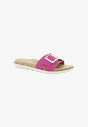 Sandalo slide con suola beige e ampia fascia rosa con grande fibbia argentata, progettato per un uso casual.