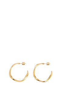 Orecchini a cerchio dorati attorcigliati con un design ondulato e liscio, con una finitura lucida e chiusura a pressione sicura. Stile leggero e minimalista.