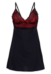 Camicia da notte nera con parte superiore in pizzo con accenti rossi, spalline regolabili e orlo a scallop. Tessuto liscio sotto il dettaglio in pizzo.
