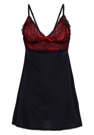 Nuisette noire avec un haut en dentelle présentant des accents rouges, des bretelles ajustables et un ourlet festonné. Tissu lisse sous le détail en dentelle.