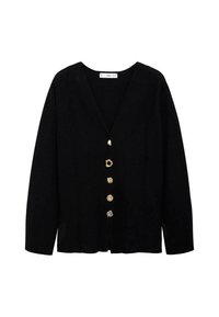Černý cardigan s V-výstřihem, dlouhými rukávy a pěti dekorativními knoflíky v různých zlatých stylech na přední straně. Měkká tkanina s jemnou texturou.