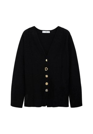 Gilet noir avec un col en V, des manches longues et cinq boutons décoratifs de styles dorés variés sur le devant. Tissu doux avec une légère texture.