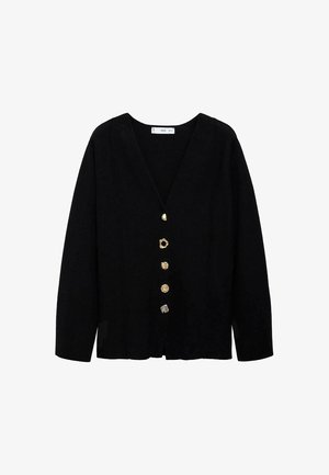 Cárdigan negro con escote en V, mangas largas y cinco botones decorativos de diferentes estilos en dorado a lo largo del frente. Tejido suave con ligera textura.