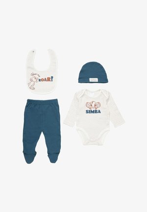 Striped baby outfit set with blue footed pants, blue hat, bib reading "Hear me ROAR!" and bodysuit featuring Simba face and "SIMBA" text.