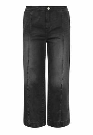 Zwart denim jeans met hoge taille en wijd uitlopende pijpen, voorzien van voorste naaddetails en een knoopsluiting in de tailleband.