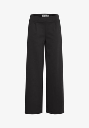 Schwarze weit geschnittene Hose aus glattem Stoff. Mit elastischem Bund und zwei vorderen Falten. Keine sichtbaren Taschen oder Verzierungen.