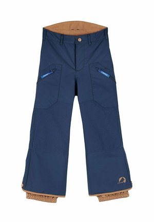 Navyblaue Schneehosen mit verstärkten Flicken, Reißverschlusstaschen und brauner Fütterung. Sie verfügen über elastische Bündchen und ein Markenlogo am Bein.