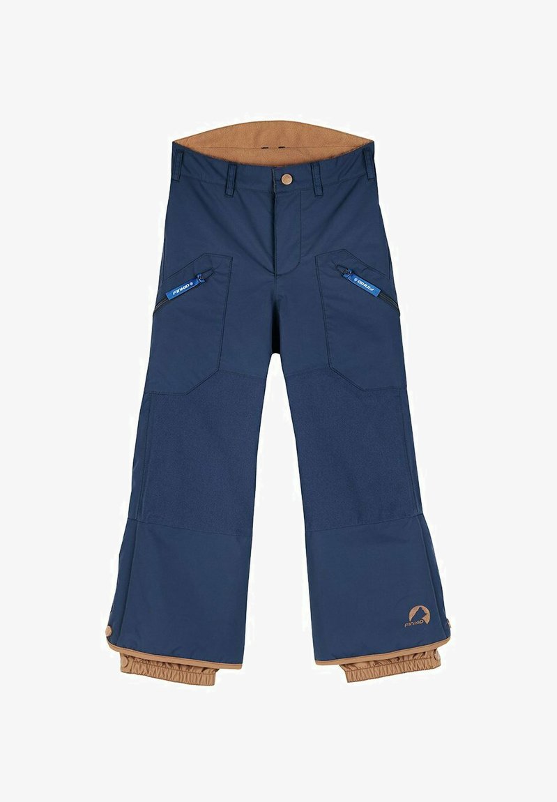 Navyblaue Schneehosen mit verstärkten Flicken, Reißverschlusstaschen und brauner Fütterung. Sie verfügen über elastische Bündchen und ein Markenlogo am Bein.