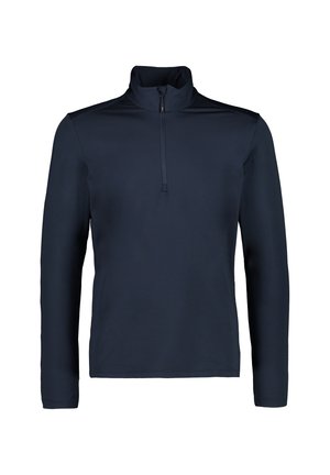 Mørkeblå langærmet pullover med halv-zip krave, lavet af glat stof, med et tætsiddende design og uden synlige logoer eller mønstre.