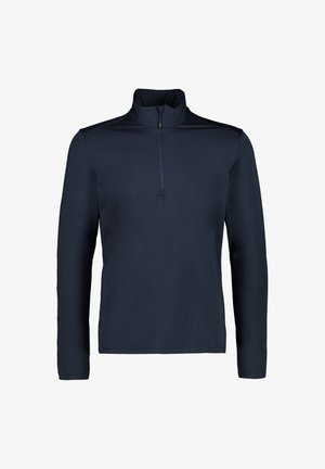 Mørkeblå langærmet pullover med halv-zip krave, lavet af glat stof, med et tætsiddende design og uden synlige logoer eller mønstre.