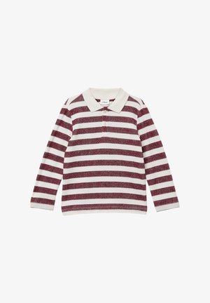 Polo à manches longues avec des rayures horizontales bordeaux et blanches, un col, trois boutons et un tissu en coton texturé.