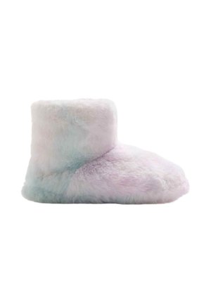 Fluffy enkelschoen pantoffels in pastelgradiënt tinten van roze, blauw en lavendel. Zachte textuur met een ronde neus en een laag boordontwerp.