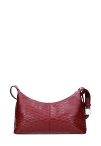 Red leather shoulder bag with a textured diamond pattern, curved shape, zip closure, and a detachable strap with a silver buckle.