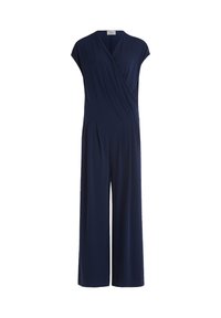 Navy blue jumpsuit in soft, stretch fabric, featuring a wrap v-neckline and wide-leg trousers for a relaxed fit. No visible hardware.