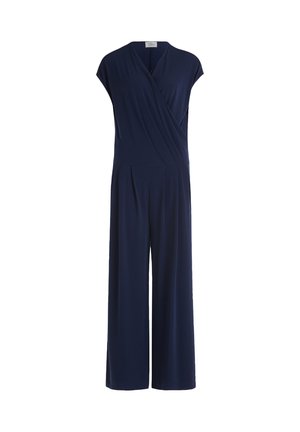 Mørkeblå jumpsuit i blødt, strækbart stof med en indhyllet v-udskæring og brede bukser for en afslappet pasform. Ingen synlig hardware.