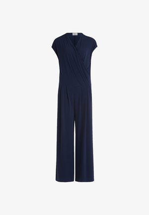 Mørkeblå jumpsuit i blødt, strækbart stof med en indhyllet v-udskæring og brede bukser for en afslappet pasform. Ingen synlig hardware.