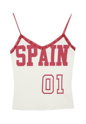 Camisole blanche avec bordure en dentelle rouge, comportant un texte rouge gras "SPAIN" et le numéro "01" à l'avant.