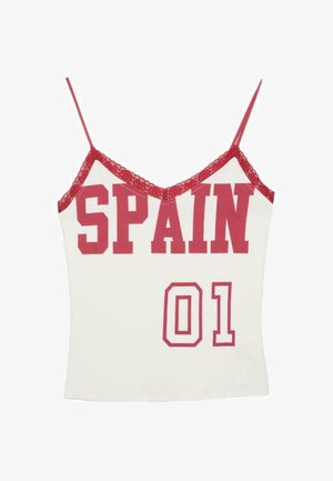White camisole with red lace trim, featuring bold red text "SPAIN" and number "01" on the front.