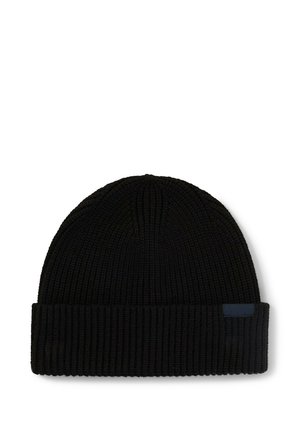 Black ribbed knit beanie with folded cuff and a small dark rectangular label on the side.
