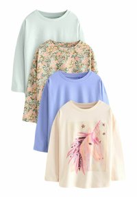 Quatre chemises à manches longues : vert clair, floral, bleu, et crème avec un imprimé de licorne. Tissu en coton doux ; couleurs et motifs variés.