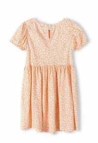 Pfirsichfarbenes Kleid mit weißen Blumenmustern, kurzen Puffärmelchen, gerafftem Taillenbereich und einem Schlüsselloch-Knopfverschluss im Rücken.