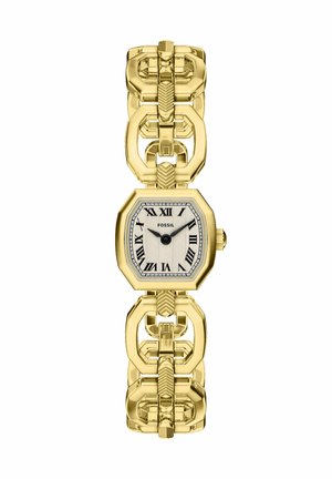 Fossil-Armbanduhr mit goldfarbenem Gehäuse, Gliederarmband, achteckigem Zifferblatt, weißem Ziffernblatt und schwarzen römischen Zahlen als Stundenmarkierungen.