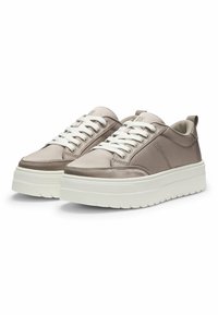 Light gray synthetic sneakers with white laces and a thick white sole. Features include a smooth texture and subtle brand logo on the side.