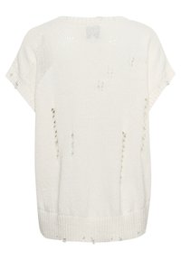Pullover lavorato a maglia color crema chiaro con una vestibilità ampia. Presenta maniche corte, orlo a coste e dettagli usurati su tutto il tessuto.