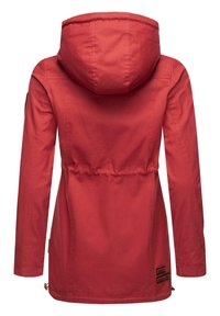 Red jacket with a hood, fabric texture is smooth, cinched waist, long sleeves, and side vents with adjustable toggles and brand accents.