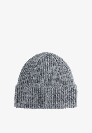 Gray knitted beanie hat featuring a textured ribbed design and a rolled cuff. Made from a soft, warm material suitable for cold weather.