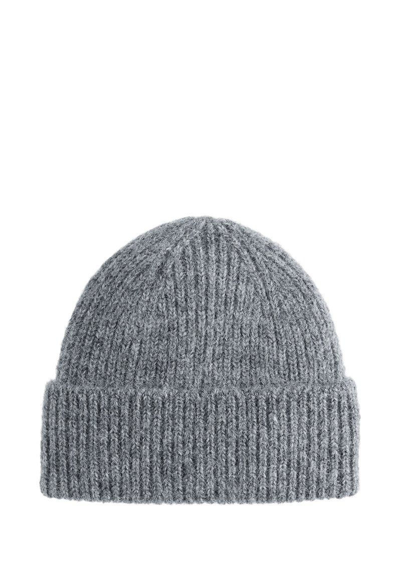 Gray knitted beanie hat featuring a textured ribbed design and a rolled cuff. Made from a soft, warm material suitable for cold weather.