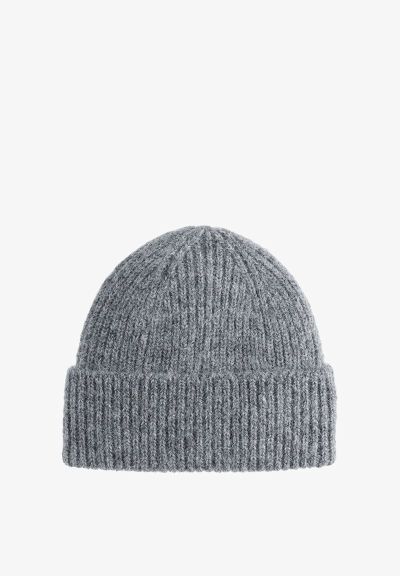 Gray knitted beanie hat featuring a textured ribbed design and a rolled cuff. Made from a soft, warm material suitable for cold weather.