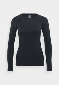 Svart långärmad tröja med ett andningsbart strukturerat framstycke, slätt bakstycke och ribbade ärmslut, framtagen för atletisk användning. Logotyp på fållen.