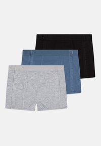 Tres pares de bóxers: gris claro, azul y negro. Tejido suave con una cinturilla elástica cómoda. Cada uno cuenta con costuras cosidas y un diseño ajustado.
