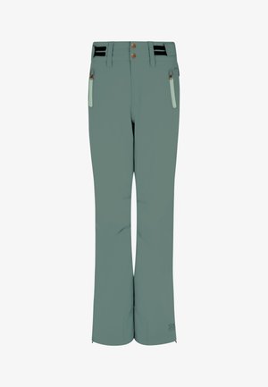 Pantaloni da sci di colore turchese chiaro, realizzati in un materiale liscio e resistente all'acqua. Presentano due tasche con zip e polsini rinforzati.