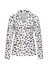 Lange mouw shirt gemaakt van lichte stof, met een witte basis en een zwart abstract penseelstrekenpatroon en een klassieke kraagontwerp.