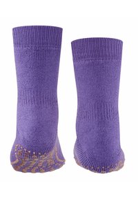 Lila Baumwollsocken mit geripptem Textur und einem dekorativen rutschfesten Muster in Gold auf den Sohlen. Knöchellanges Design.