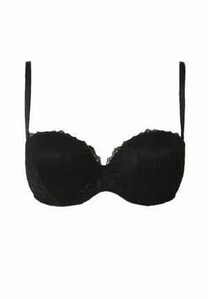 Sutien din dantelă neagră, cu cupe structurate, margini decorative cu un model de undă și bretele adjustable. Textură netedă cu modele florale subtile.