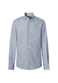 Camicia a maniche lunghe a righe blu e bianche con colletto button-down, caratterizzata da una vestibilità slim e bottoni bianchi sul davanti.