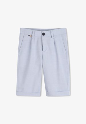 Kerged helesinised püksid tekstuurse kangaga, millel on nööpkinnitus, kaks eesmist taskut ja varrukasäär.