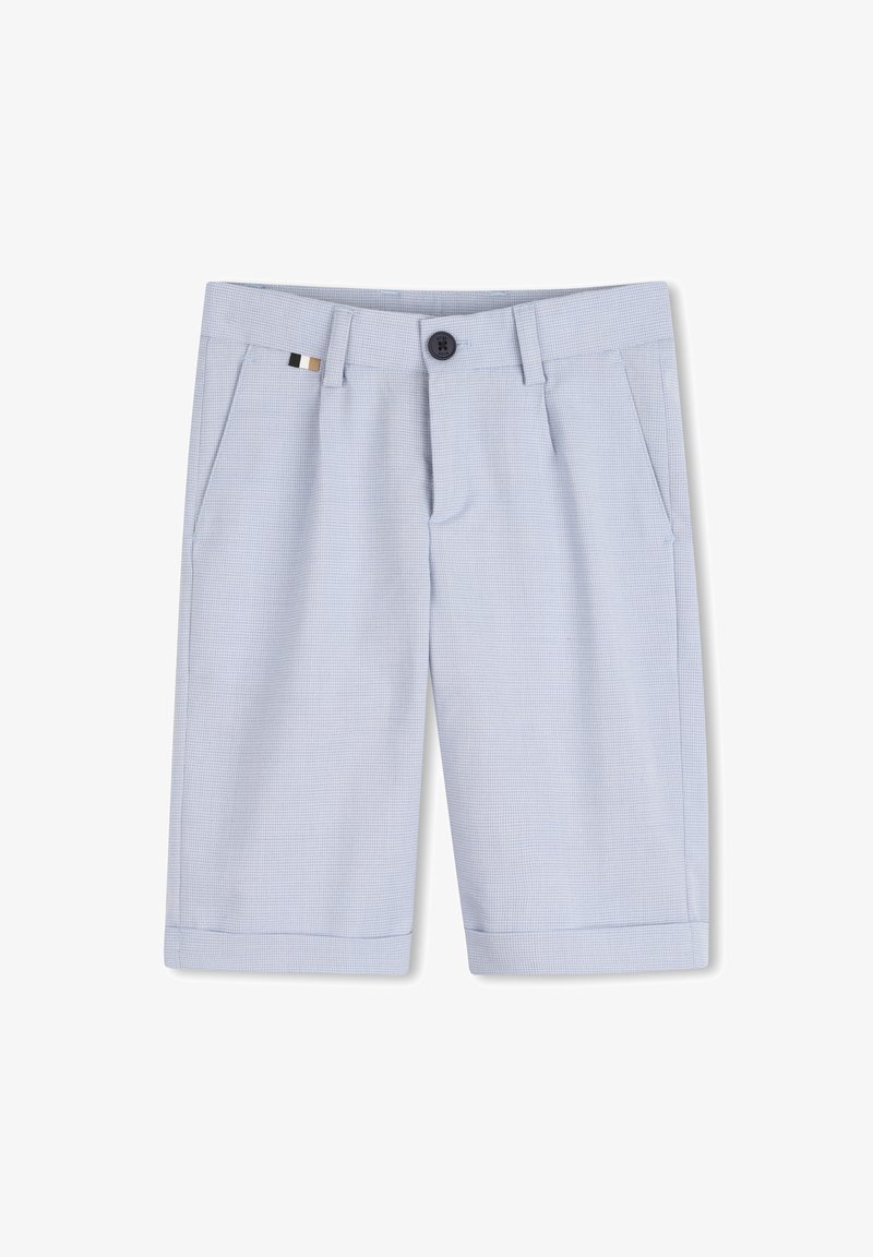 Ανοιχτό μπλε σορτς από υφασμάτινη ύψηλη ύφανση, με κουμπί κλεισίματος, δύο μπροστινές τσέπες και ρεβέρ στο τελείωμα.