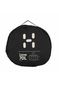 Borsa cilindrica nera con manico, presenta testo bianco e grafica per "Lava 70L." Dimensioni e peso stampati sul davanti.