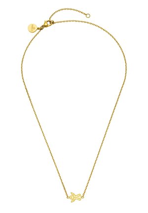 Zarte goldene Kette mit sternförmigem Anhänger, verziert mit kleinen Punkten und einem runden Markenanhänger nahe dem Verschluss.