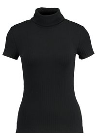 Černý krátkosrstý rolák vyrobený z žebrovaného úpletu. Má slim fit střih s vysokým límcem a strukturovaným povrchem.